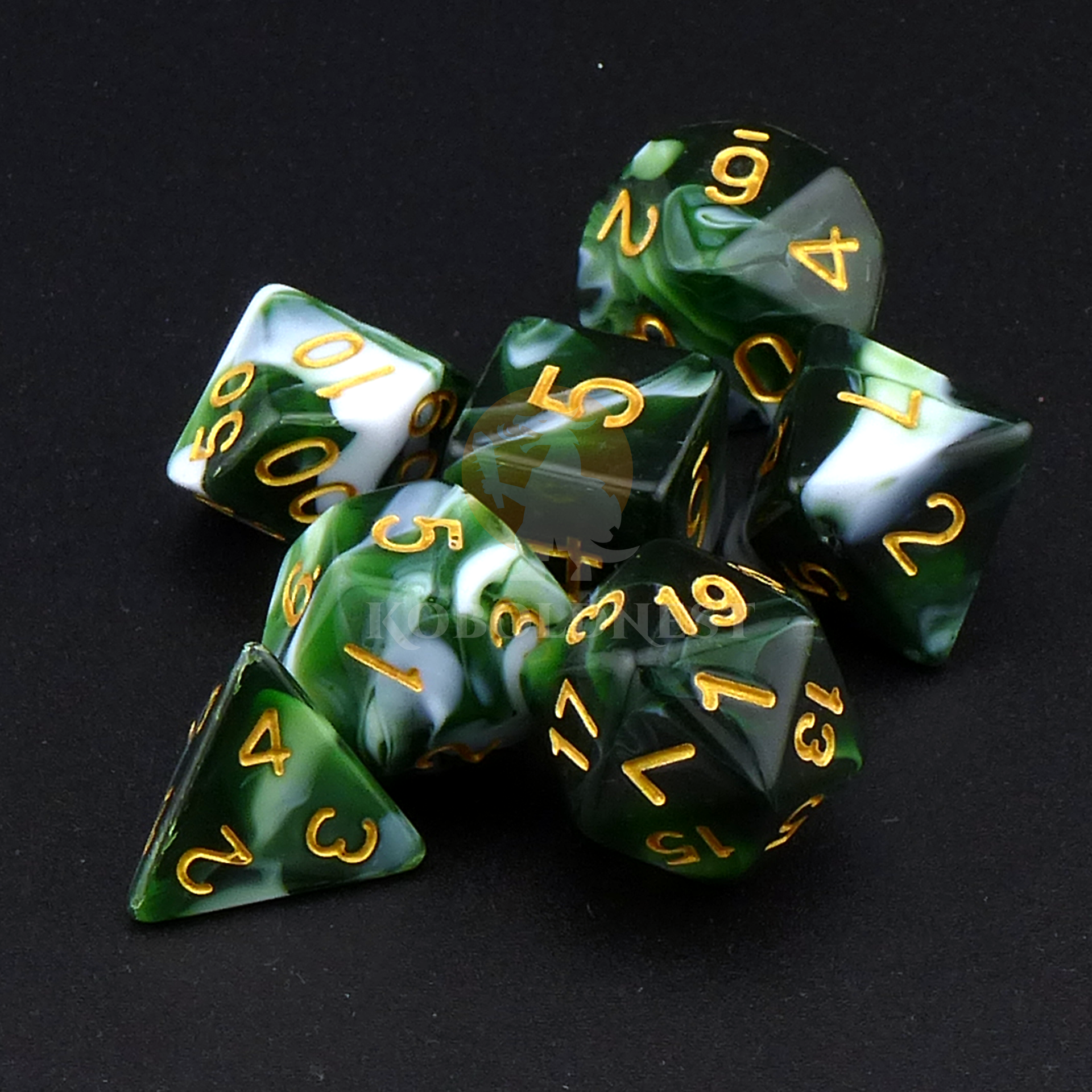 Dice_Polyhedral_Set_Standard_Green-White_Heap.png