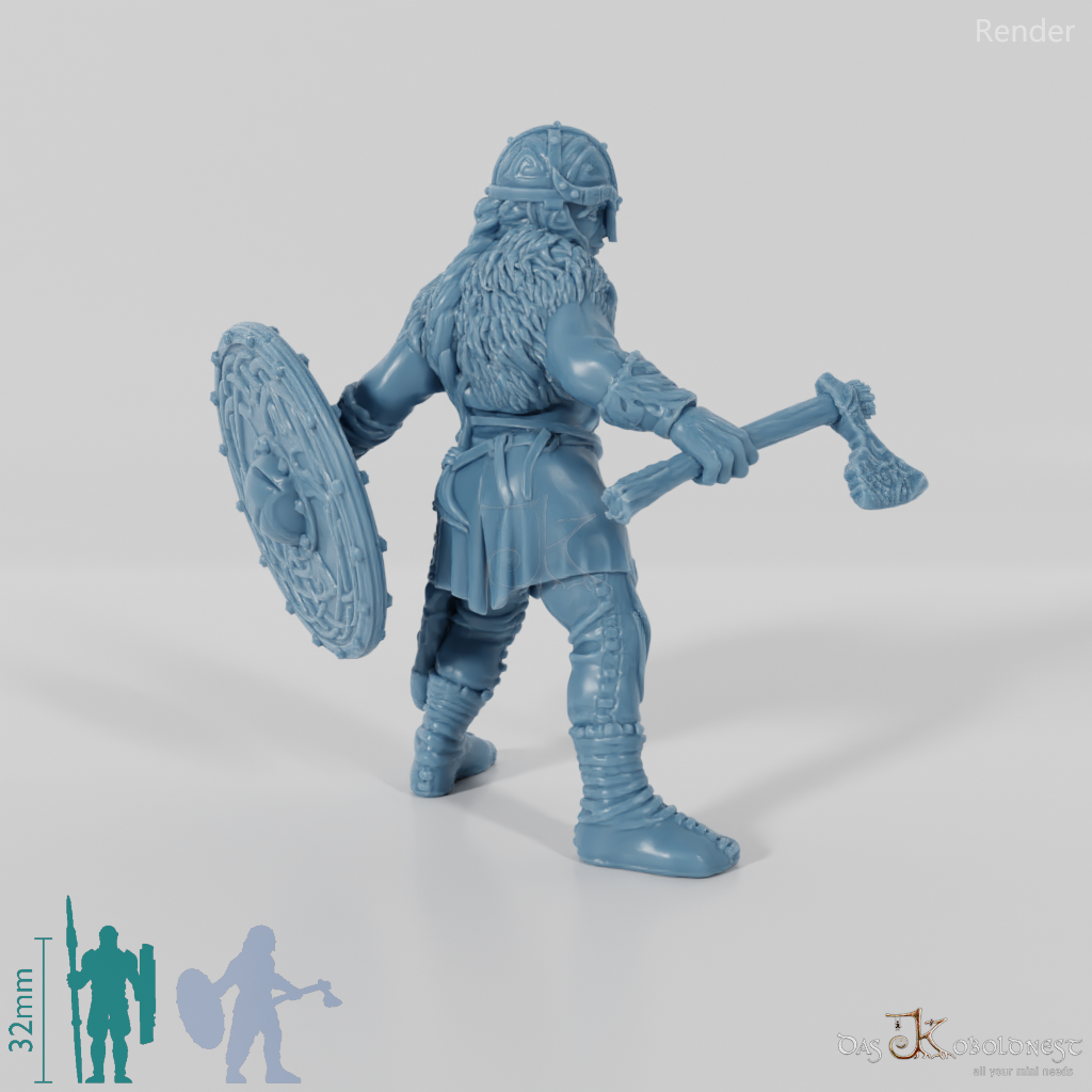 Behelmte Schildmaid mit Axt und Schild
