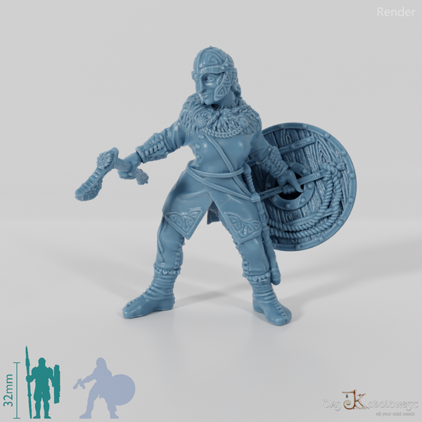 Behelmte Schildmaid mit Axt und Schild