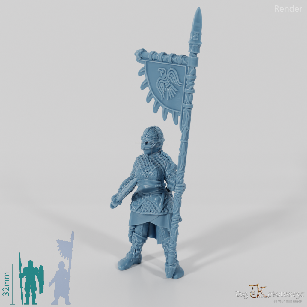 Behelmte Schildmaid mit Schwert und Banner