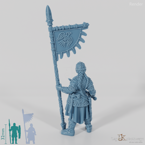 Behelmte Schildmaid mit Schwert und Banner