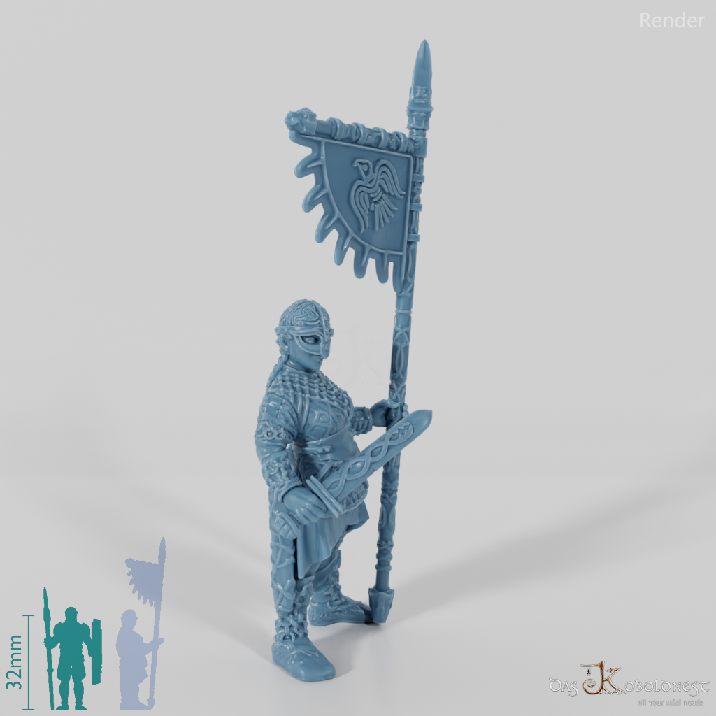 Behelmte Schildmaid mit Schwert und Banner