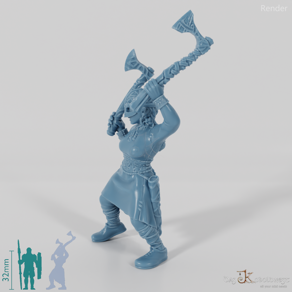 Behelmte Schildmaid mit Einhandäxten 2