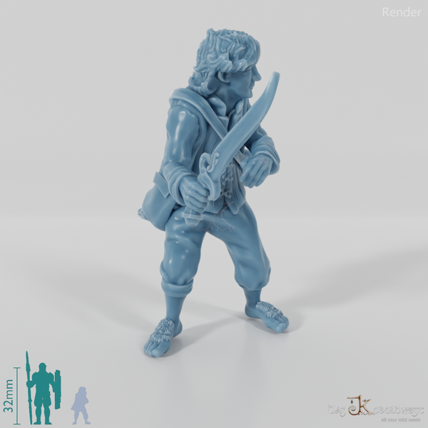 Falco, Halbling-Schatzträger in Kampfhaltung